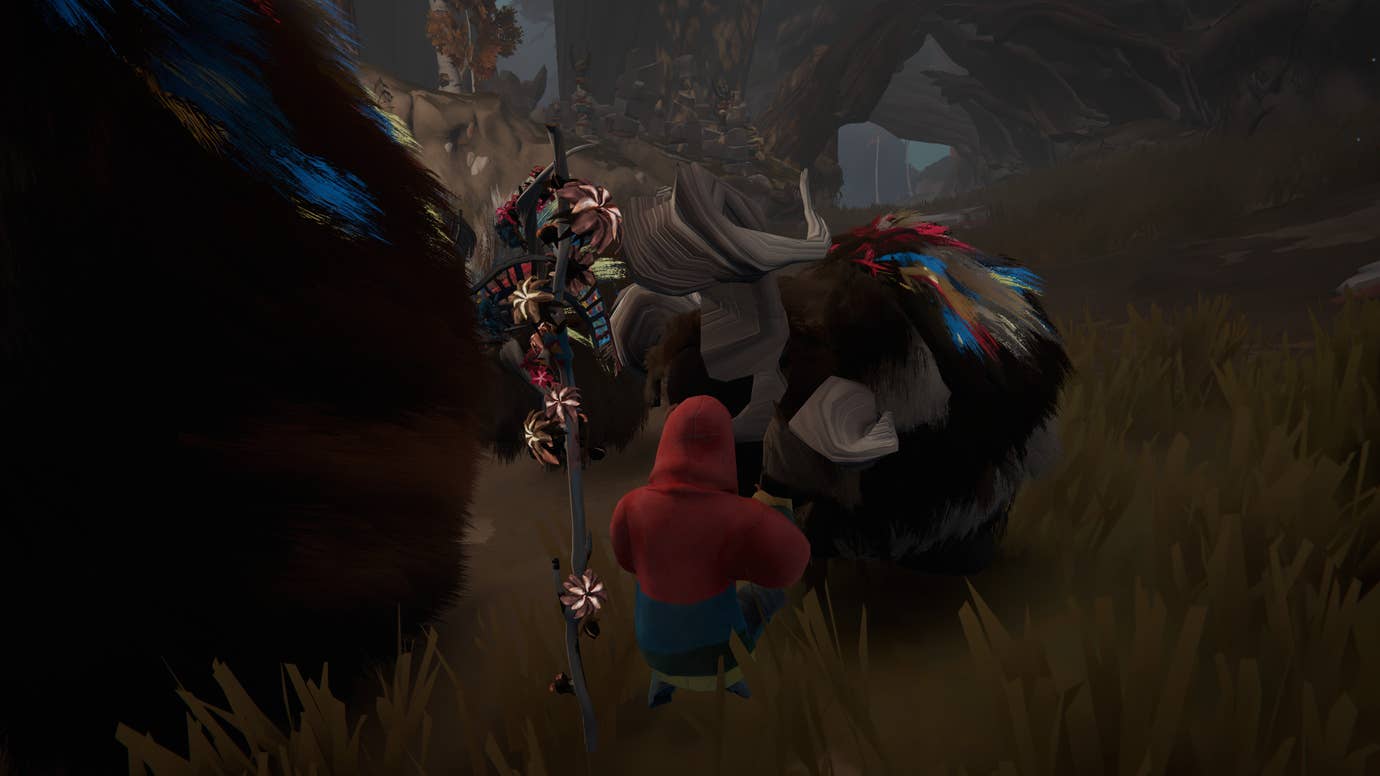 A shepherd standing in amongst their large goatlike charges in Herdling.